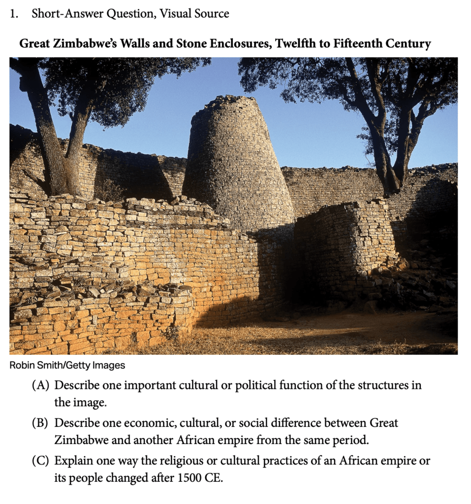 This is a picture of the wall enclosures around Great Zimbabwe. Students are expected to analyze images such as this in AP® African American Studies. 